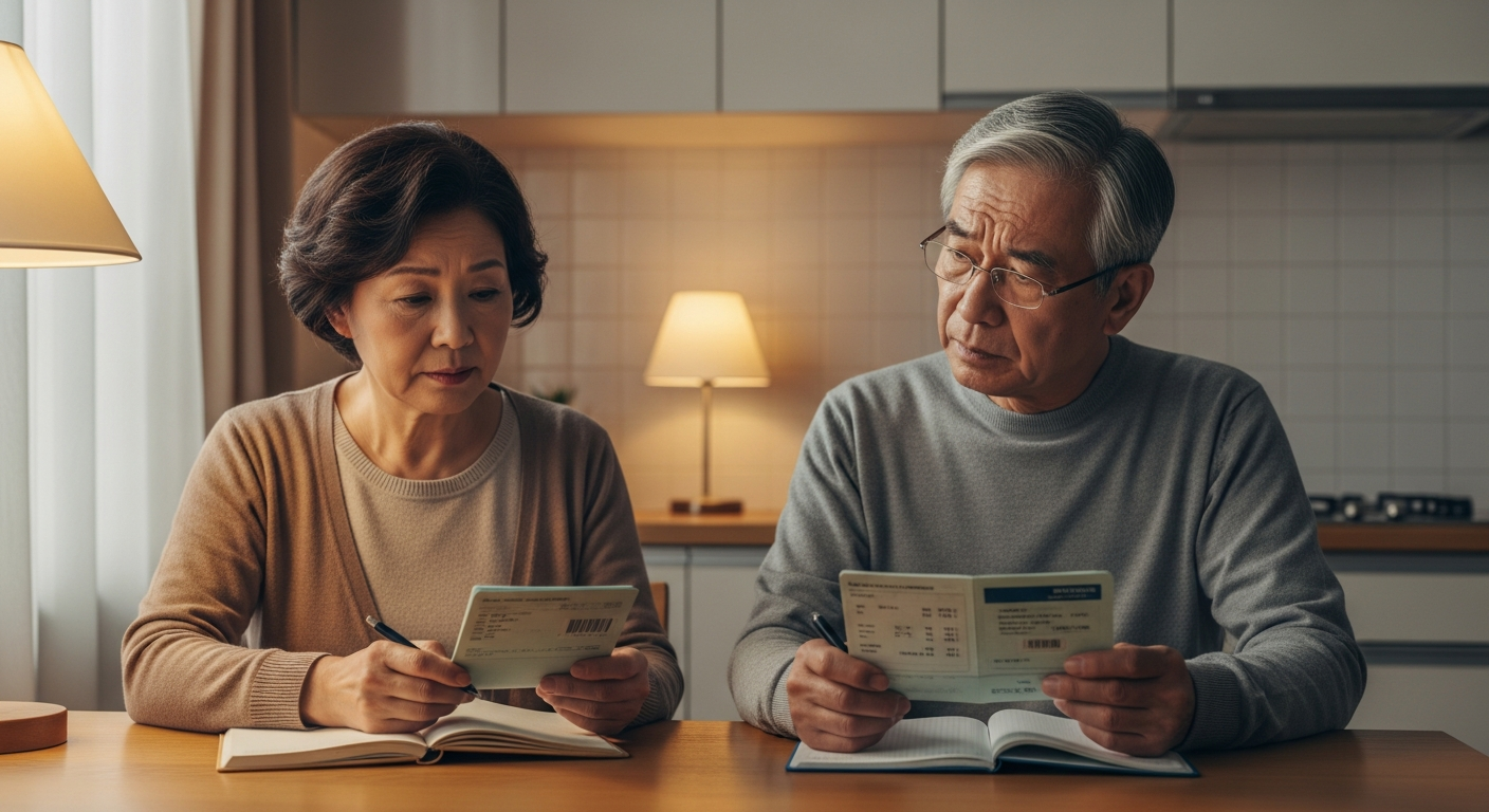老後資金について話し合う高齢夫婦をイメージした、老後破産への備えを示す写真