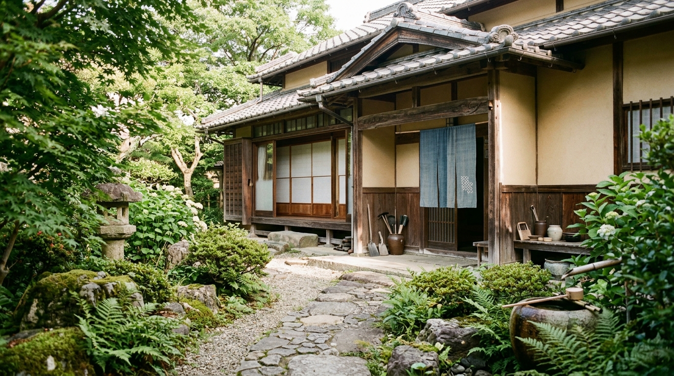 庭先から見た静かな日本家屋の外観：共有名義の実家をイメージした写真