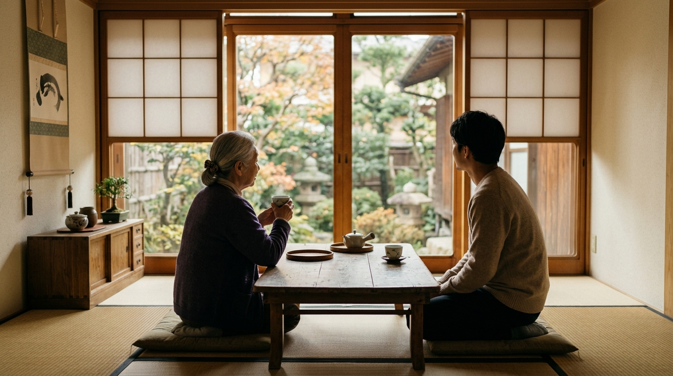 窓辺で穏やかに過ごす高齢の親と成人した子の後ろ姿：親との同居をイメージした写真