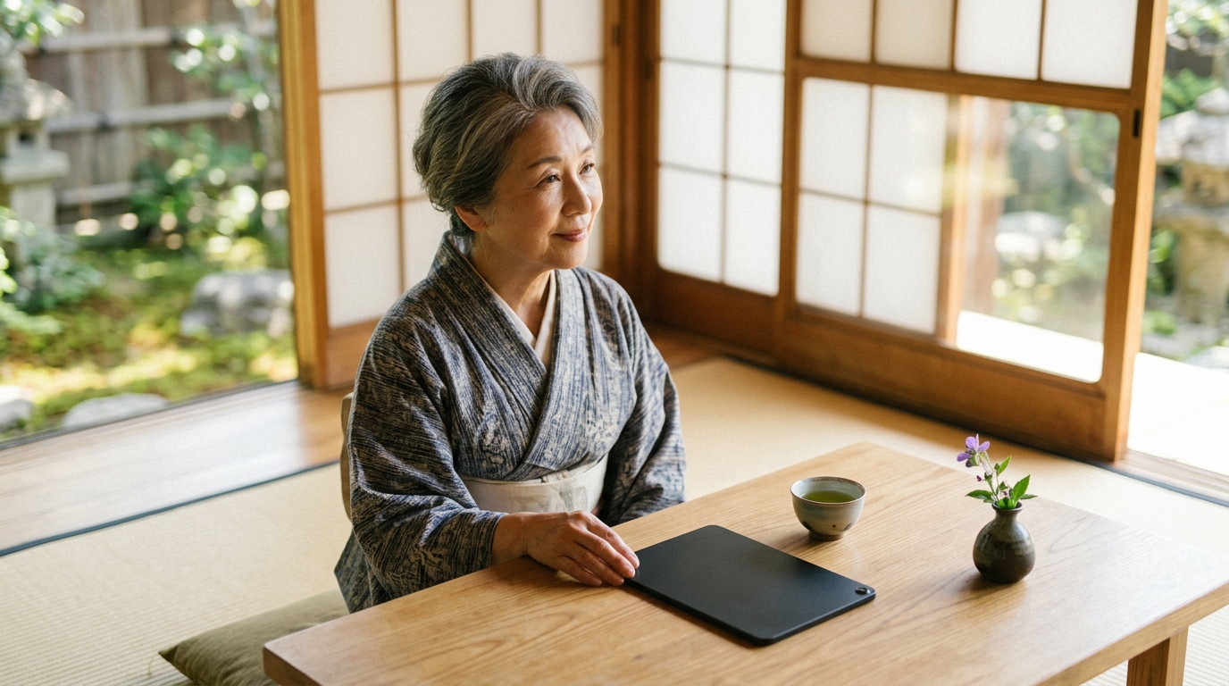 和室の座卓にタブレットを置き、穏やかな表情で終活について考える日本人のシニア女性