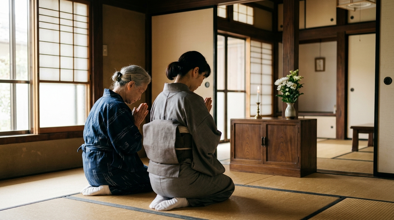 障子越しのやわらかな光が差す和室で、日本人の母と娘が静かに手を合わせる様子