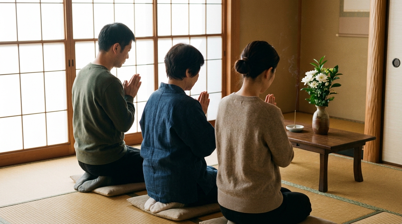 障子越しの柔らかな光が差す和室で、日本人の家族が静かに手を合わせる様子