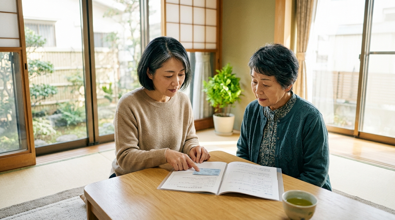 窓辺の柔らかな光の中、親子が健康保険証と書類を一緒に確認している様子をイメージした写真