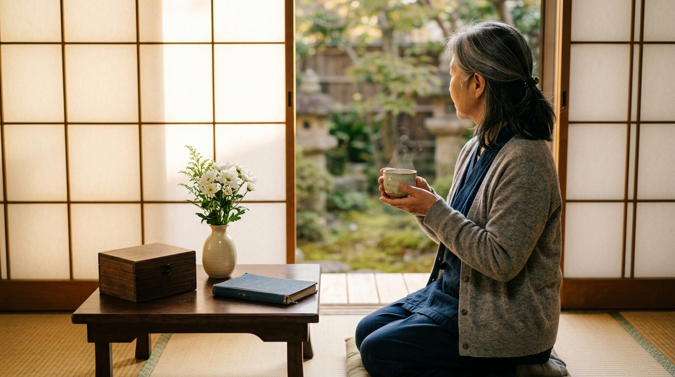 朝の光が差す和室で、温かいお茶を手に静かに故人をしのぶ日本人女性のイメージ写真