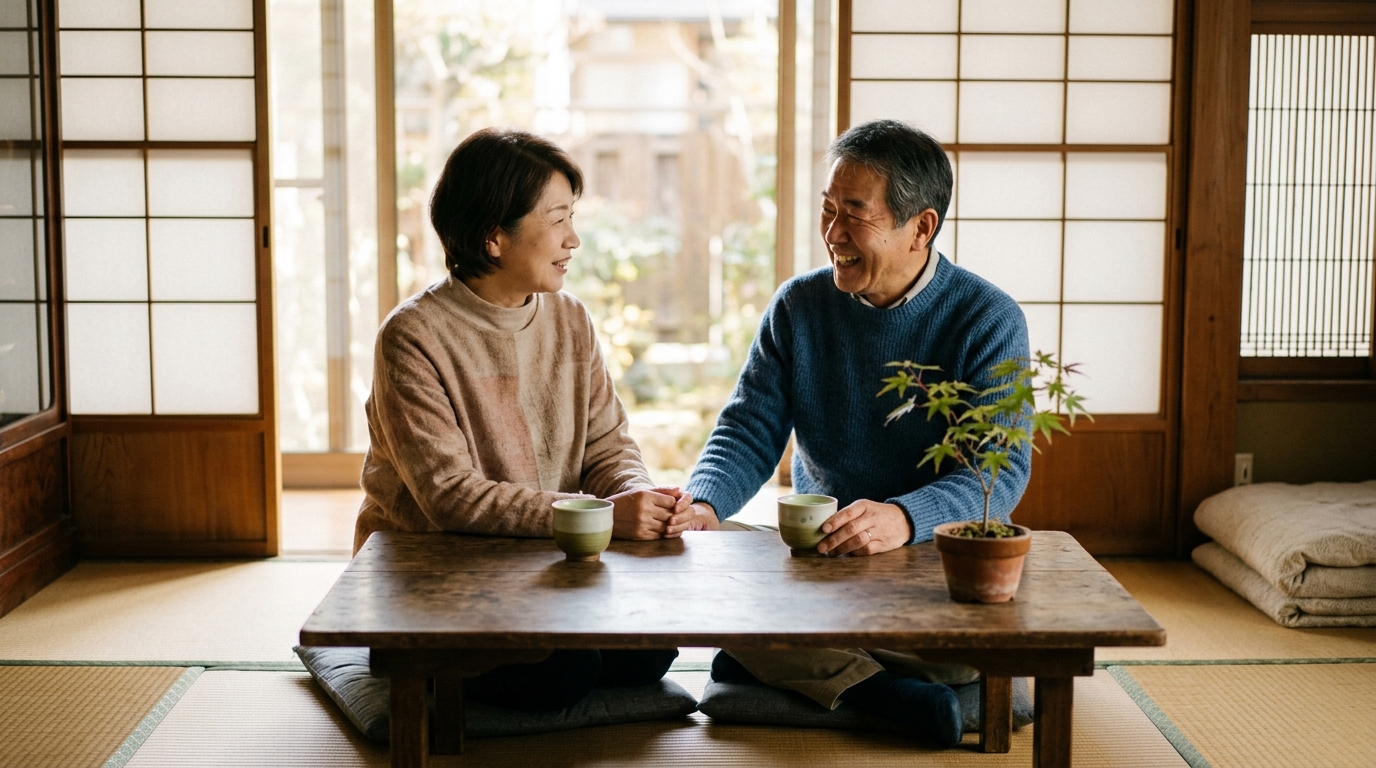 明るい和室のダイニングで、日本人のシニア夫婦が穏やかに老後の暮らしについて話し合う様子