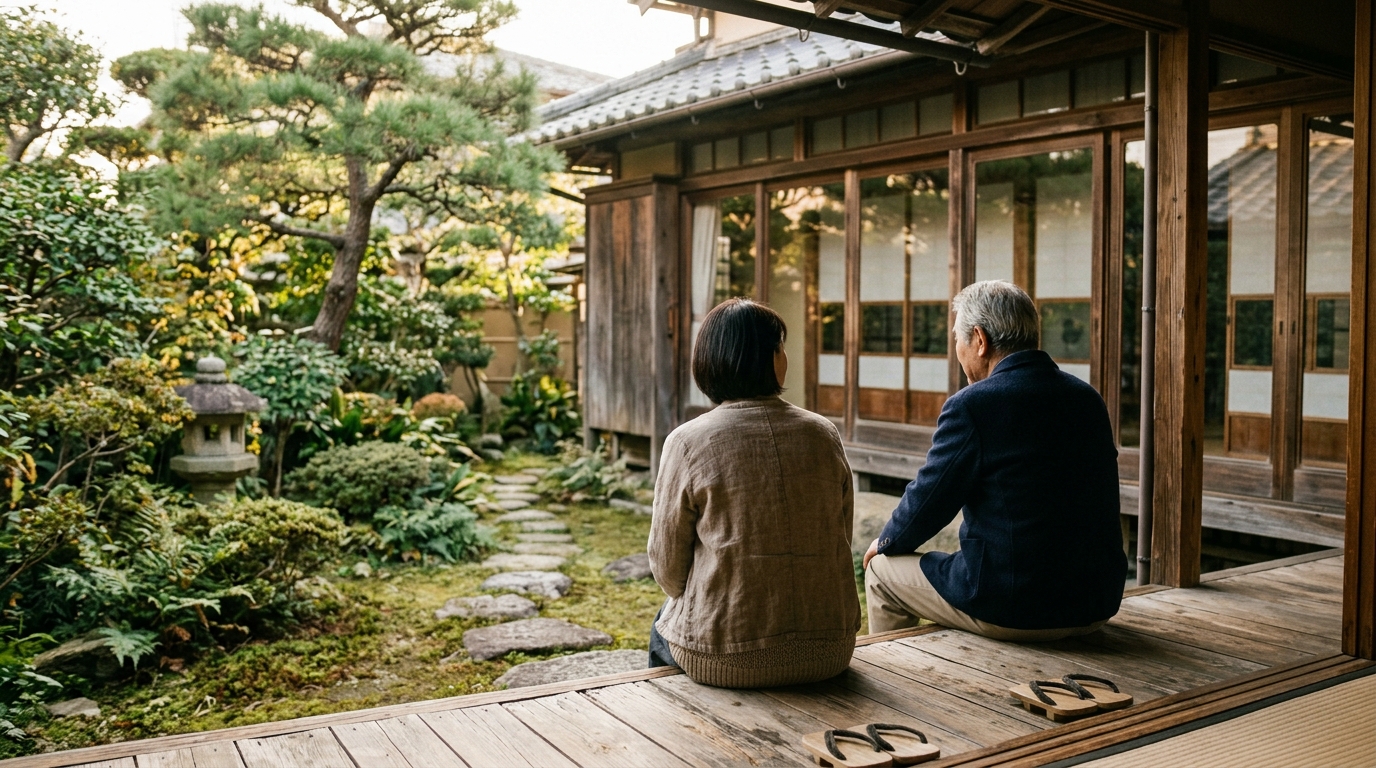 日本家屋の縁側で、高齢の親と大人の子どもが庭を眺めながら実家のこれからを話し合う様子
