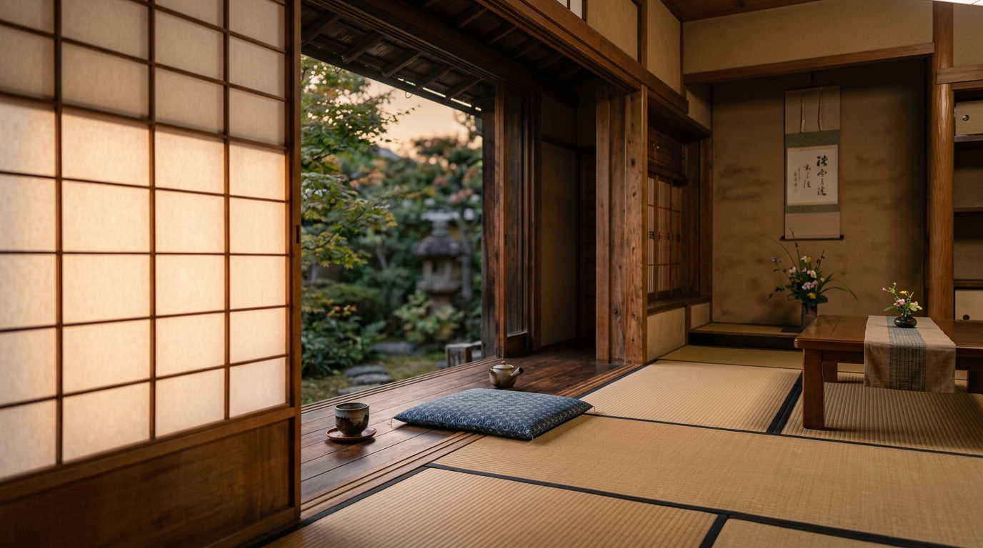 夕暮れの和室と縁側、静かな在宅の情景をイメージした温かみのある写真