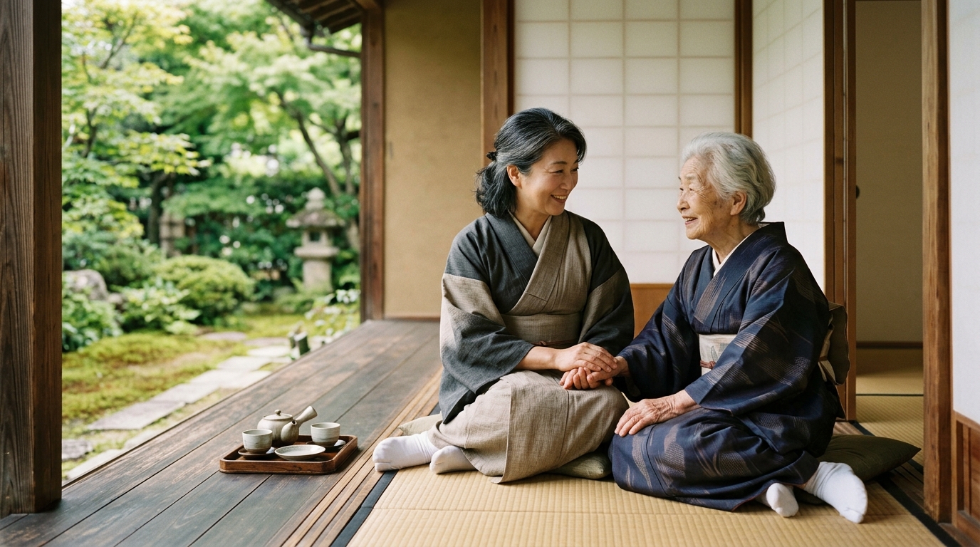 和室の縁側で、日本人の中年女性が高齢の母親の手を取り、穏やかに話しているイメージ写真