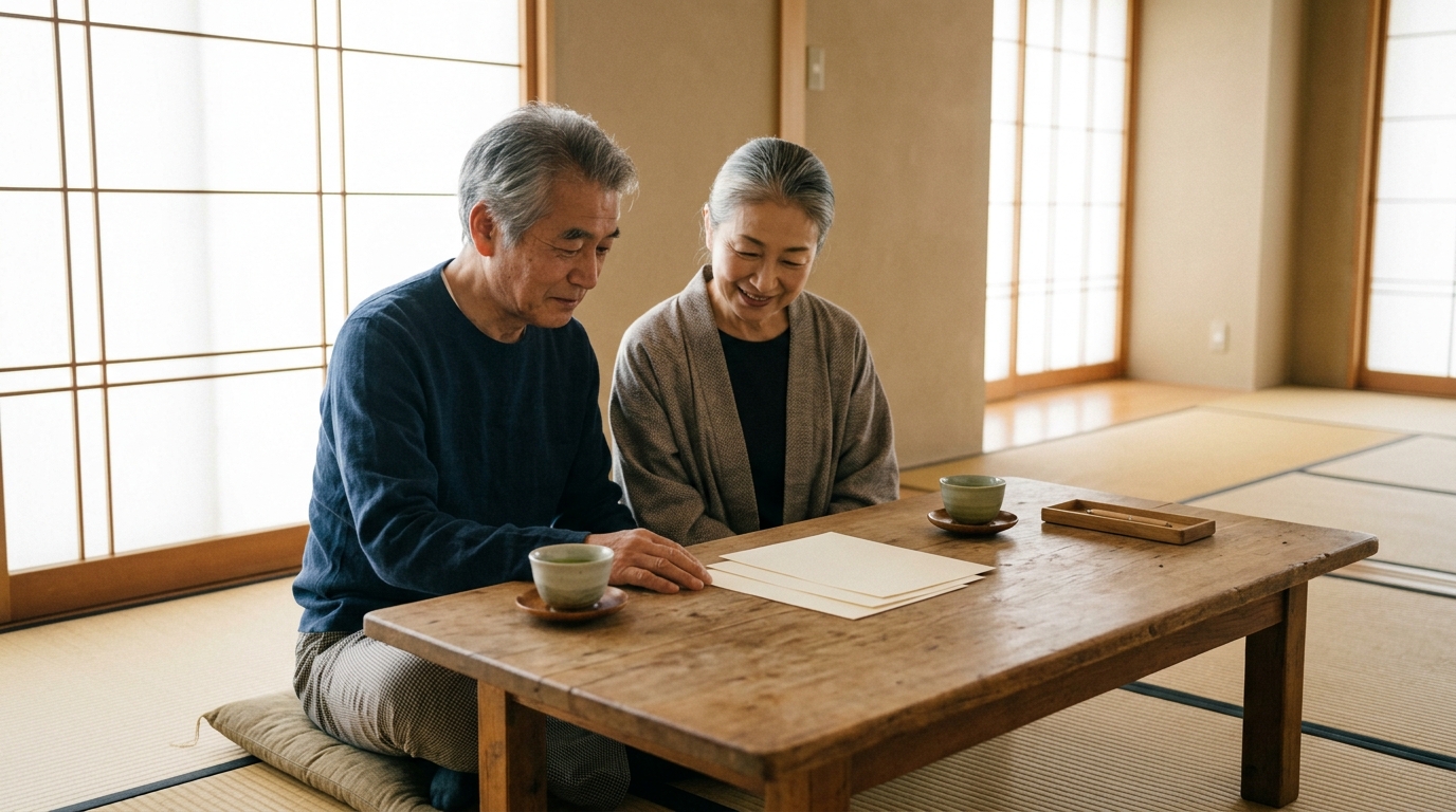 和室の座卓で、日本人の高齢夫婦がお茶を飲みながら穏やかに家計の書類を確認しているイメージ写真
