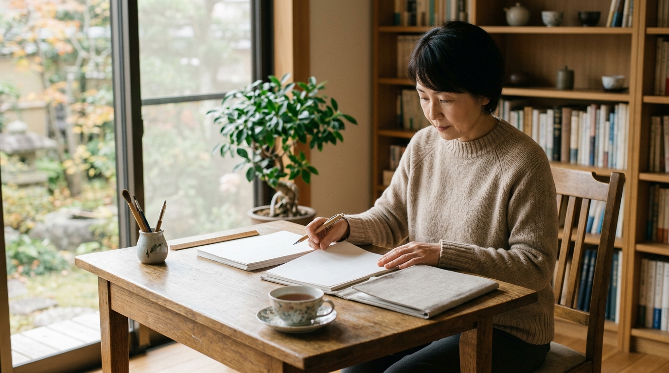 書斎で落ち着いて資産の記録を整理する様子、誠実な資産管理と正しい申告をイメージした写真