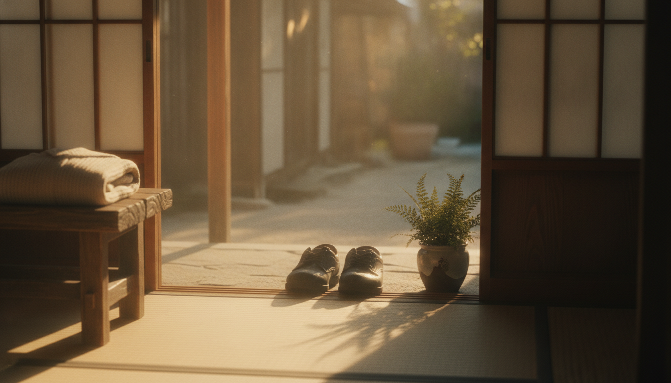 夕暮れ時の玄関先で家族の帰りを静かに待つ温かい雰囲気のイメージ