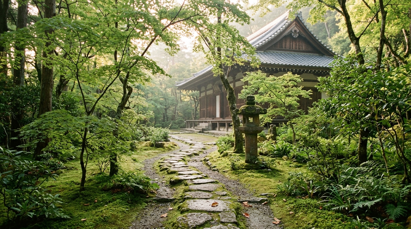 苔むした日本の寺院の庭園に、朝の柔らかな光が差し込む静かな風景