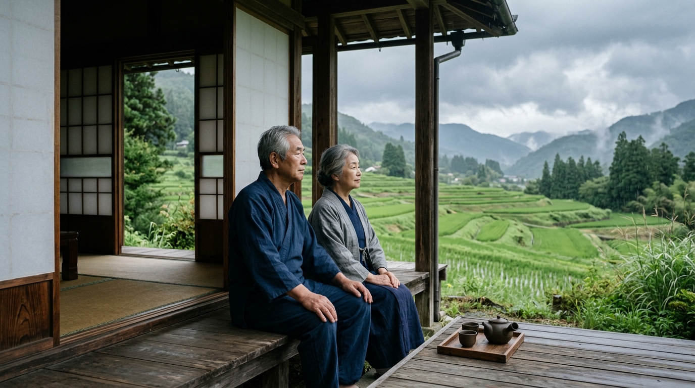 雨雲がかかる日本の田園風景を、古民家の縁側から日本人の高齢の夫婦が穏やかに見つめているイメージ写真