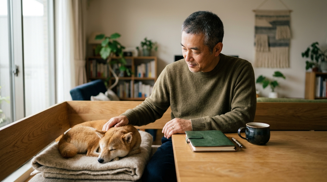 飼い主とペットが寄り添う様子、ペット信託・終活をイメージした写真