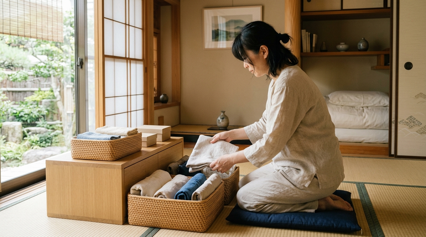 生前整理で衣類や思い出の品を丁寧に整理している様子をイメージした写真