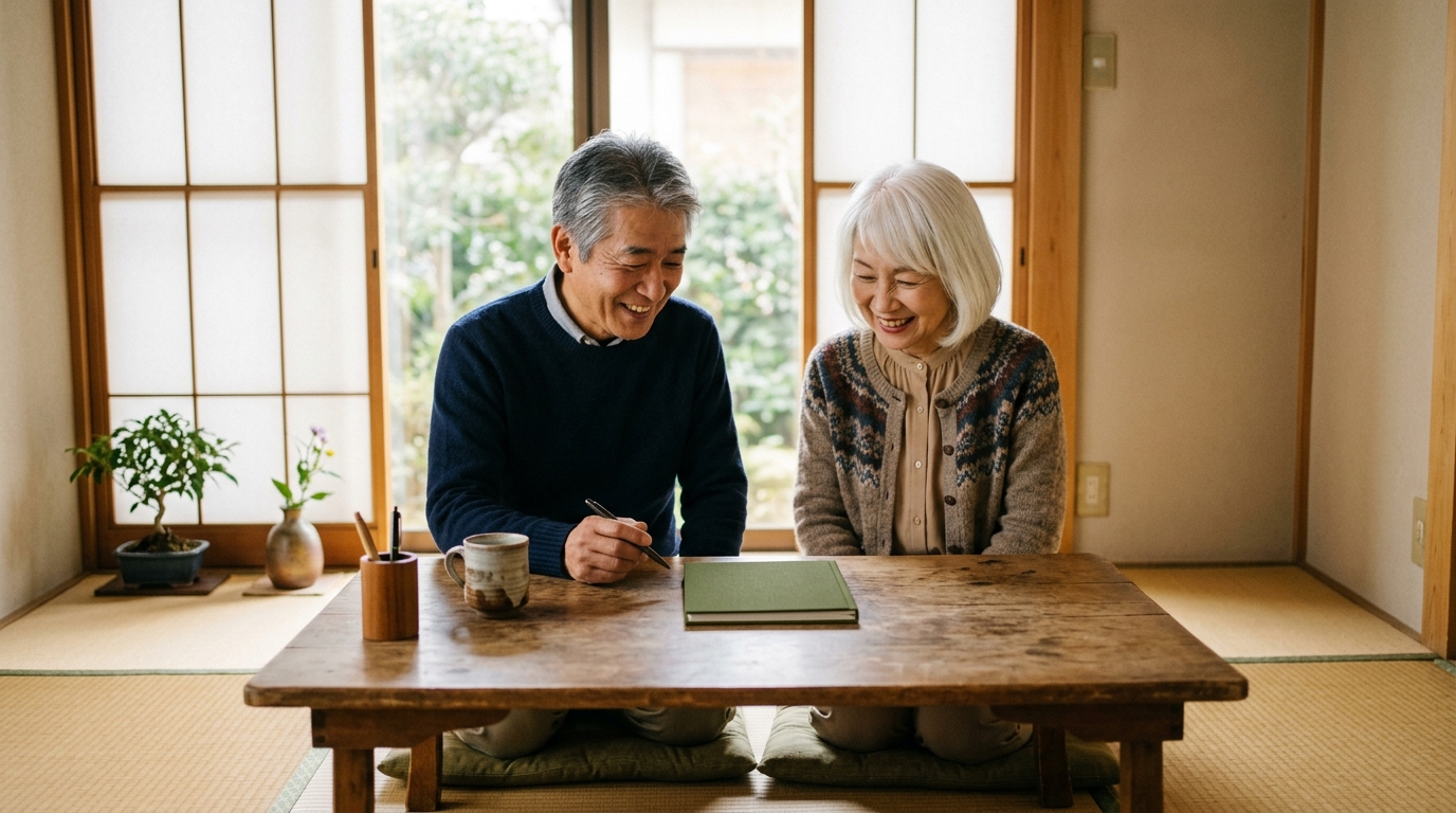 和室の座卓でノートを囲み、笑顔で学びについて語り合う日本人のシニア夫婦