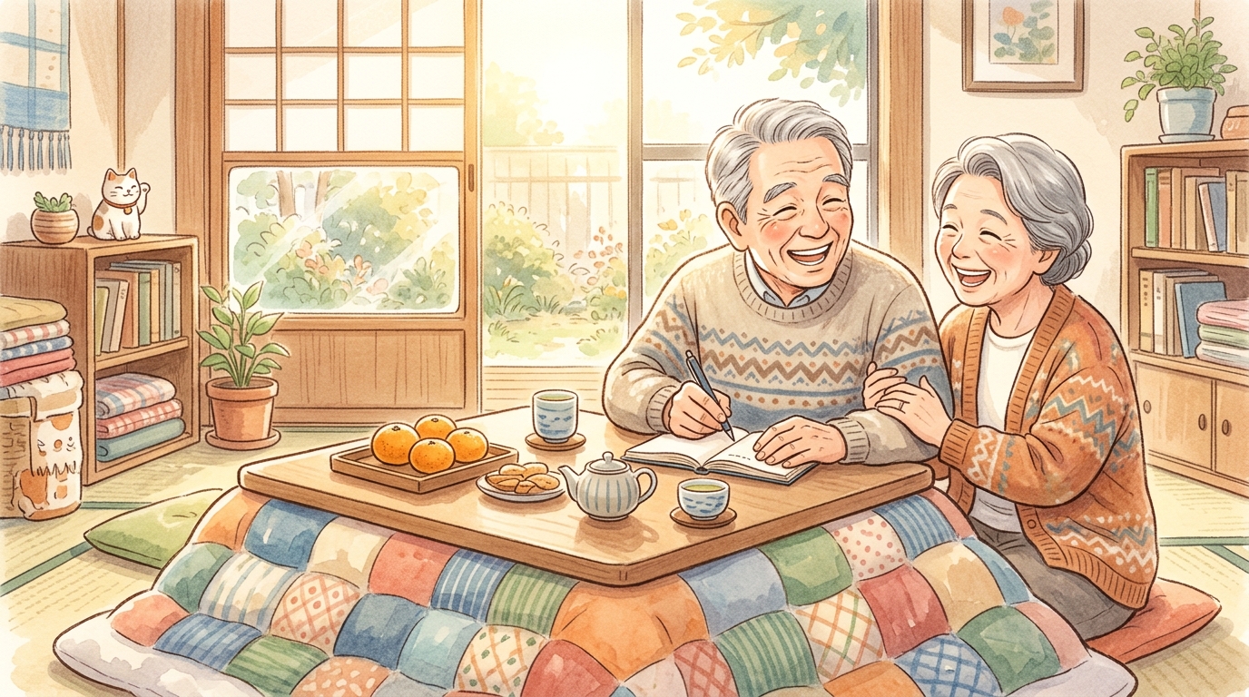 シニア夫婦がこたつで笑いながら川柳を詠む温かみのあるイラスト