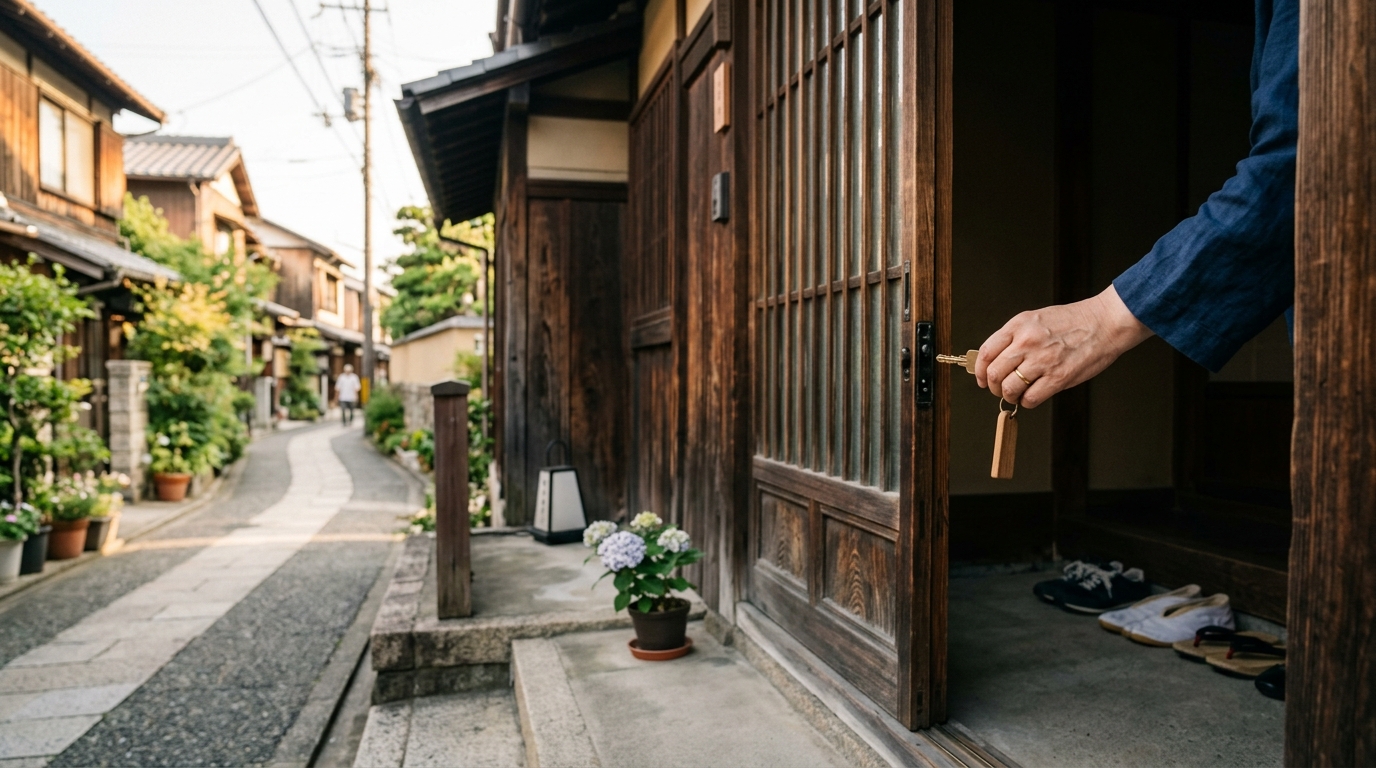 相続した家の玄関で鍵を持ち、そのまま住み続けることをイメージした写真
