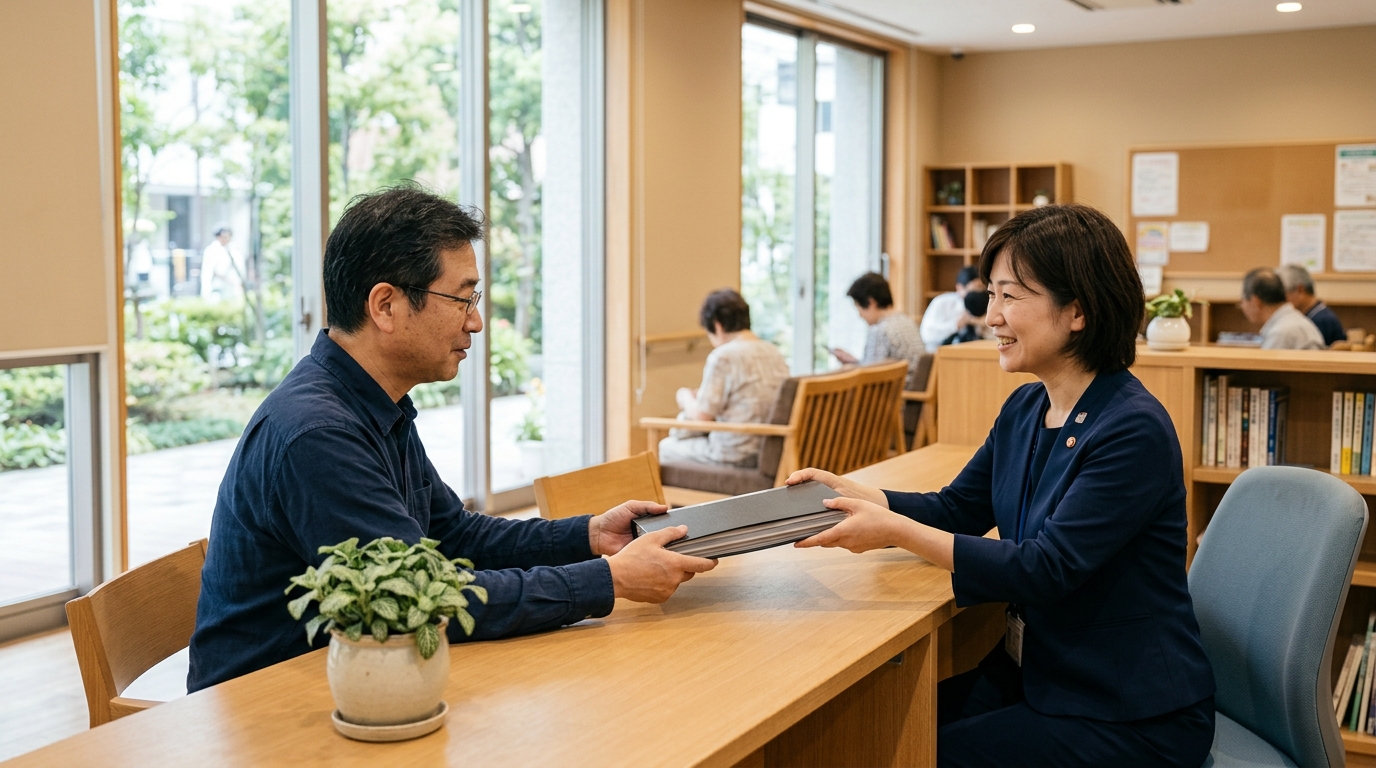 窓口で相談資料を受け取る様子、相続の公的支援・無料相談をイメージした写真