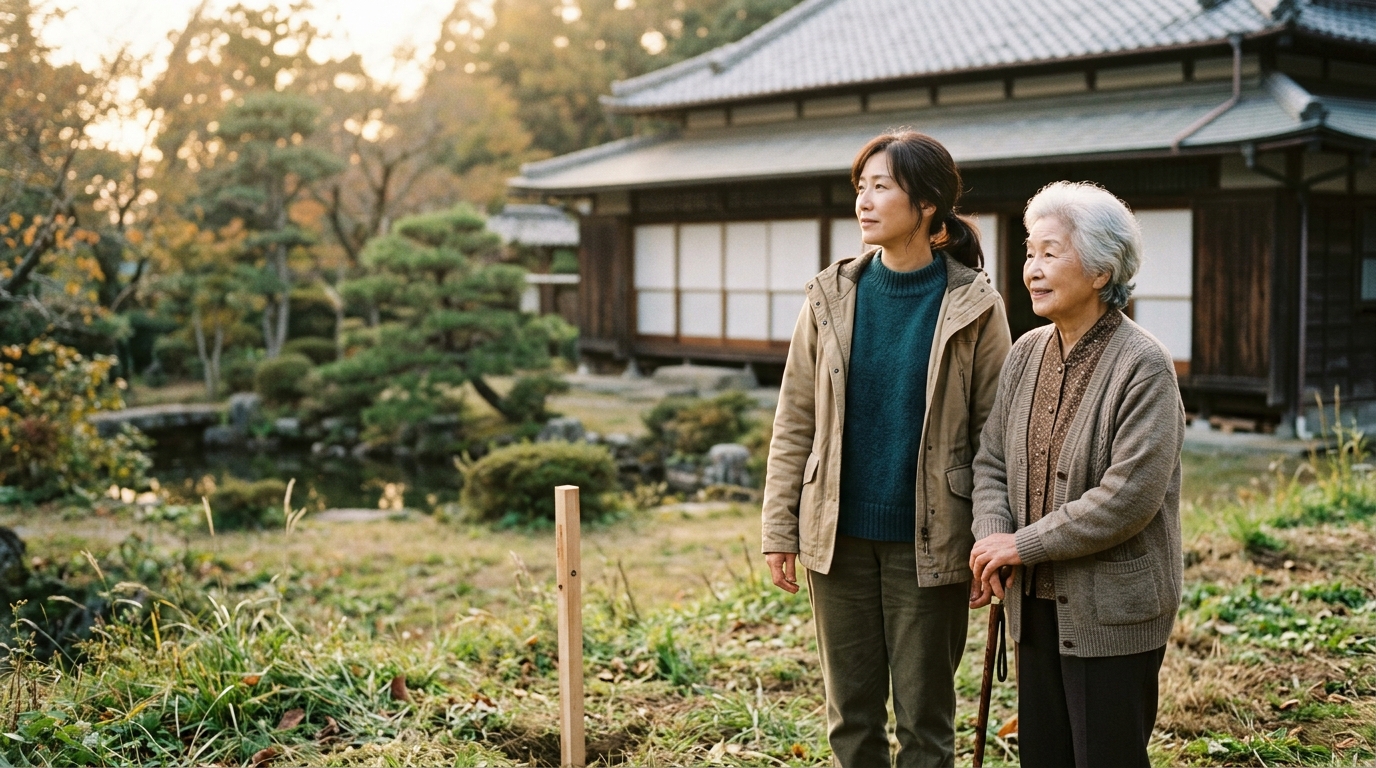 相続した土地に立ち、家族と静かに今後の計画を確認している様子をイメージした写真
