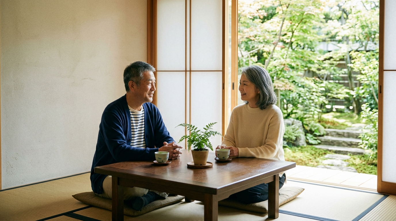 和室の座卓で、定年を迎えた日本人の夫婦が穏やかに今後の暮らしについて話し合っているイメージ写真