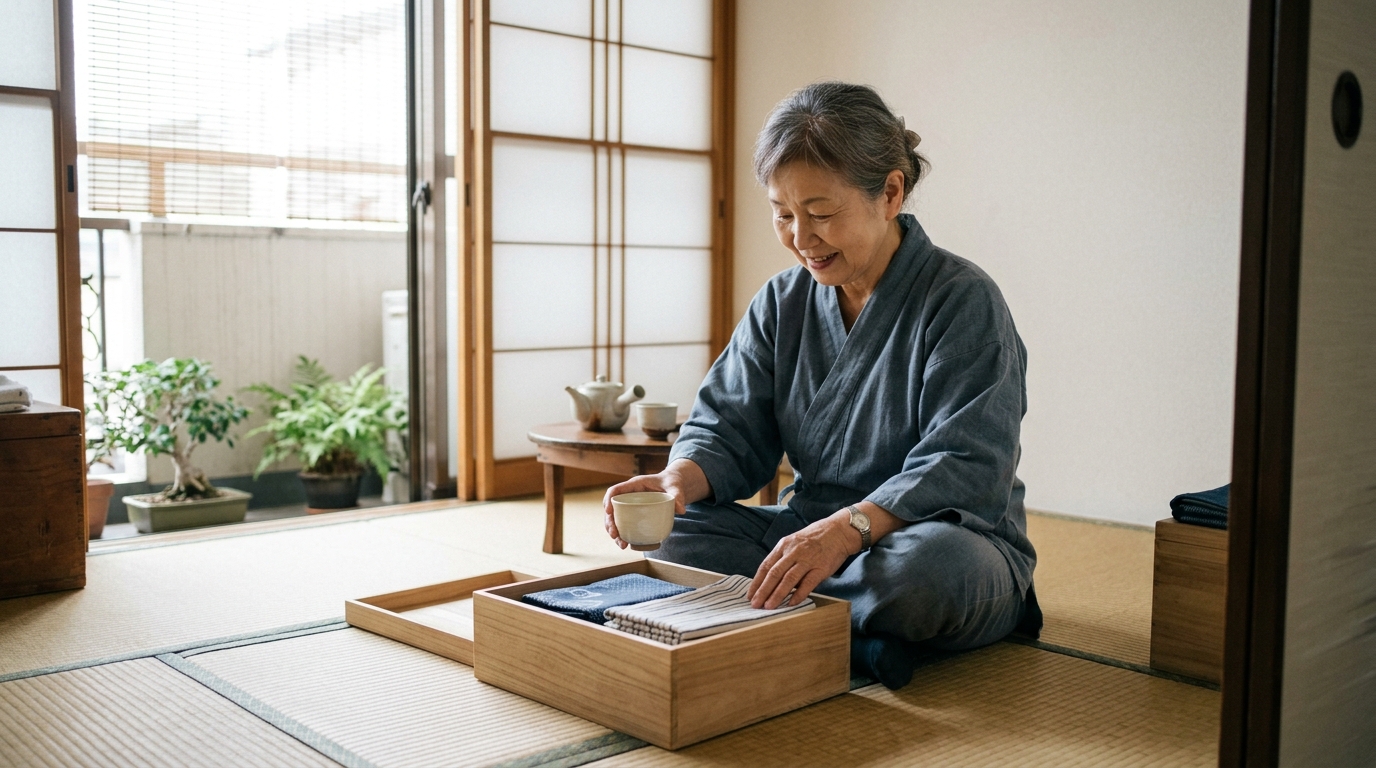 和室のある賃貸住宅で、日本人の高齢女性が大切な品を木箱に丁寧に収めて整理しているイメージ写真