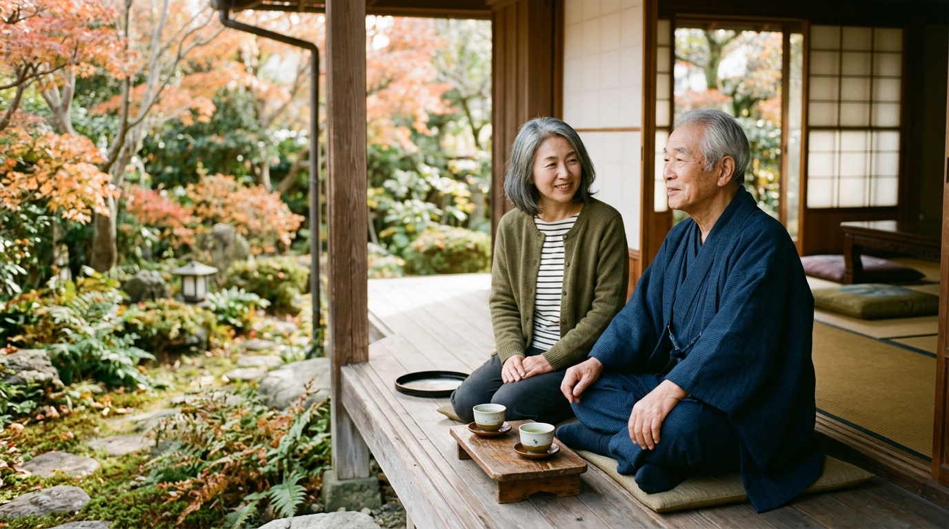 和室で日本人の高齢の父親と50代の娘が、縁側越しの庭を眺めながら穏やかに語り合っている様子