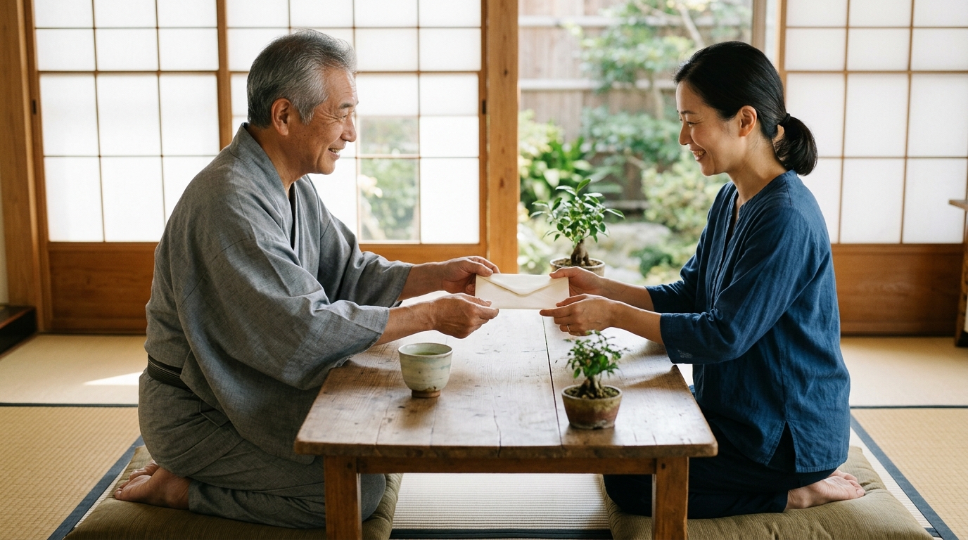 日本の和室で、日本人のシニア男性が大人の娘に大切な封筒をそっと手渡し、家族に思い出を託す様子