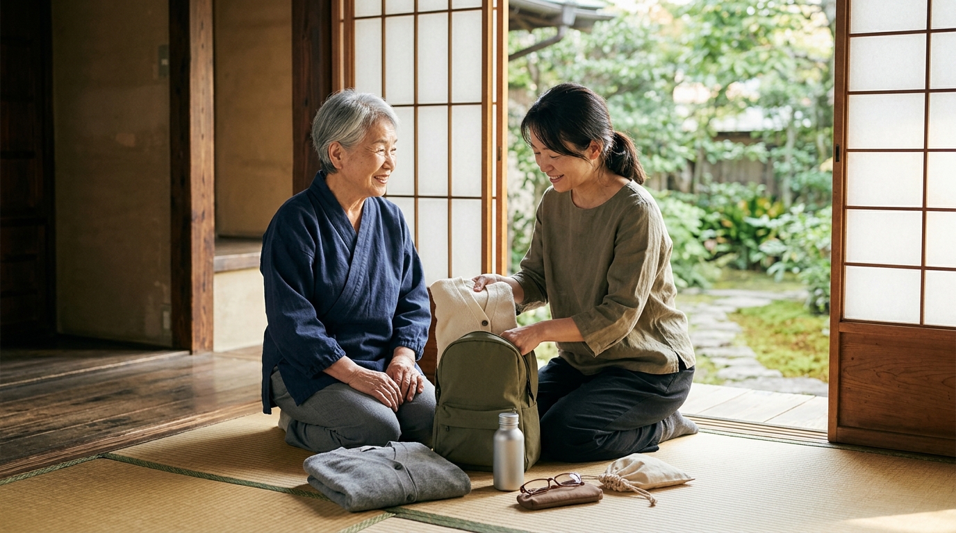 明るい和室の玄関先で、日本人のシニア女性が娘と一緒に軽いリュックの準備をしている様子