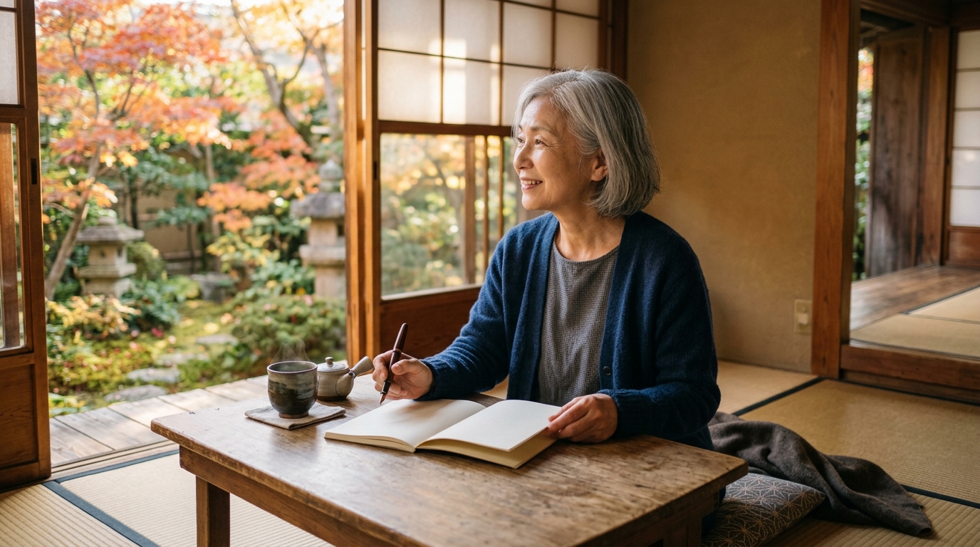 秋の日差しが入る日本の和室で、日本人のシニア女性がノートを開き、穏やかな笑顔でこれからやりたいことを思い描いている様子