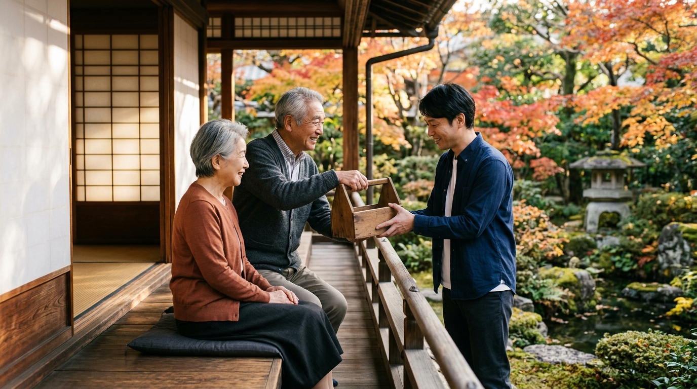 秋の柔らかな日差しが差す日本家屋の縁側で、日本人の高齢の男性が若い世代の家族に穏やかに微笑みながら道具箱を手渡す様子