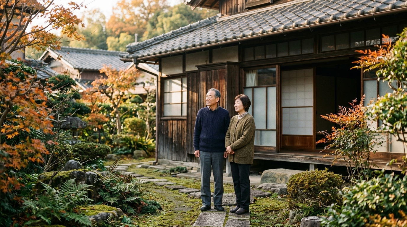 庭のある古い日本家屋の前で、日本人の中年の兄妹が穏やかに実家の今後について話し合う様子