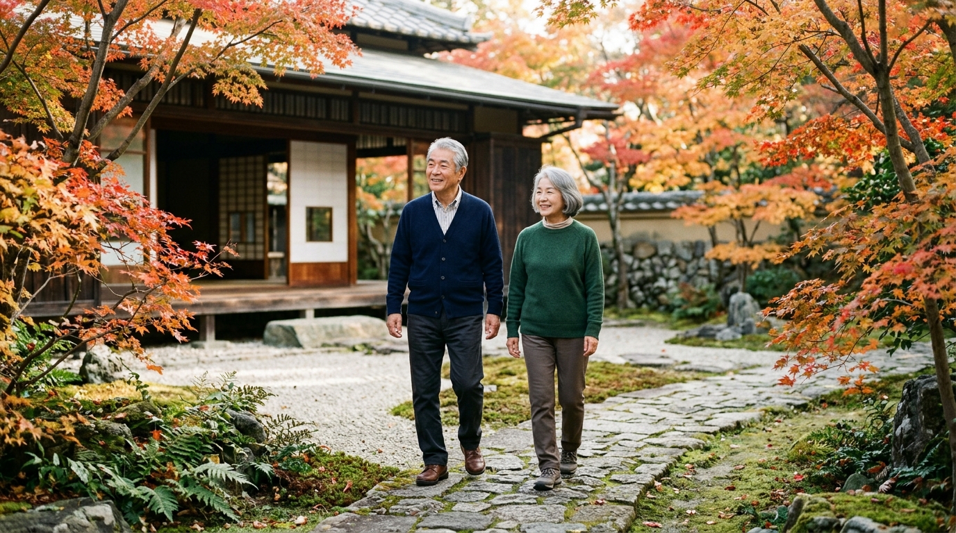 秋の柔らかな朝の光が差す日本庭園の小道を、日本人の高齢の夫婦が穏やかな表情で並んで散歩する様子