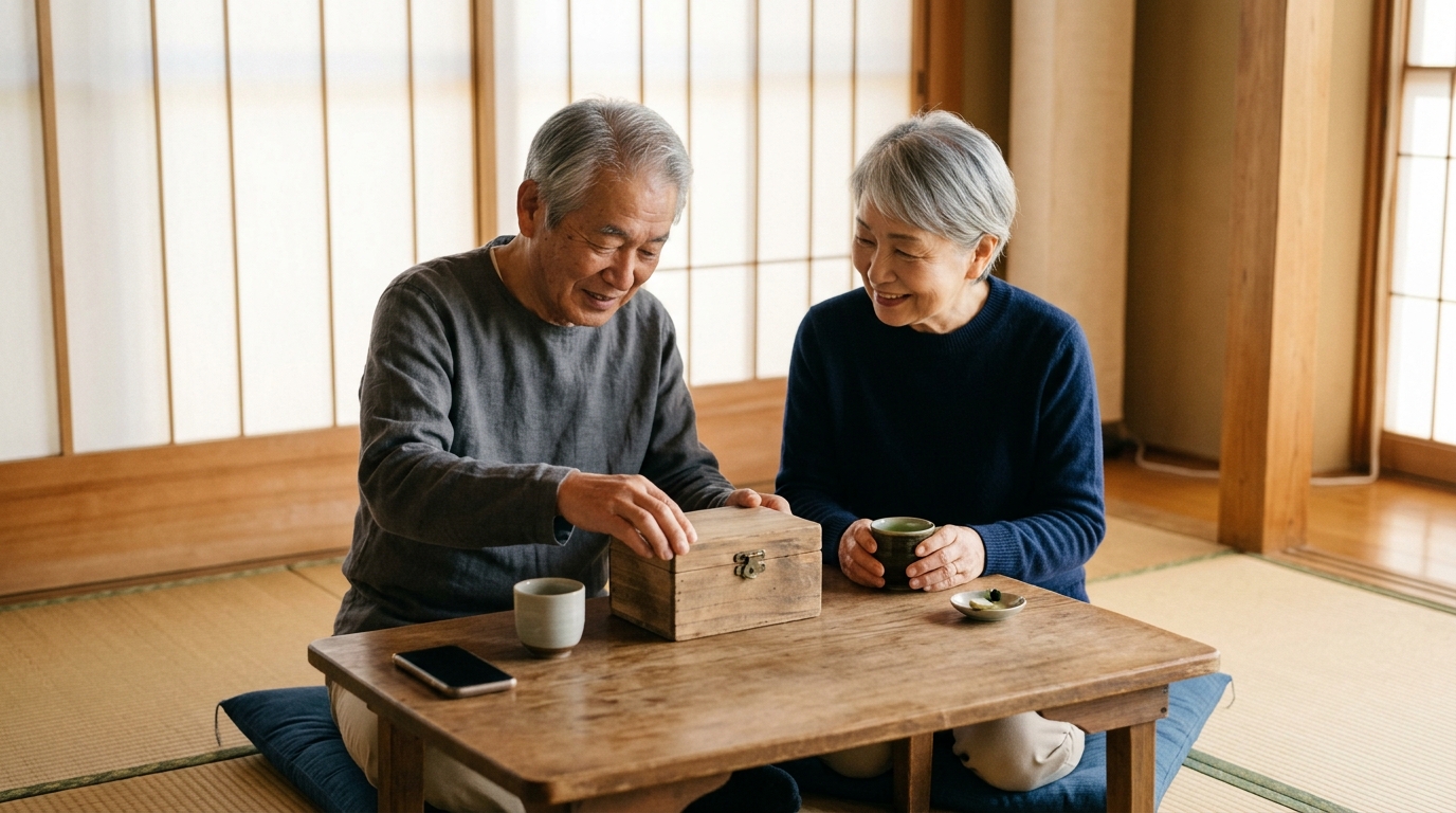 柔らかな午後の光が差す和室で、日本人の高齢の夫婦が座卓を囲み、落ち着いた表情で小さな木箱に鍵をかけて大切なものをしまう様子