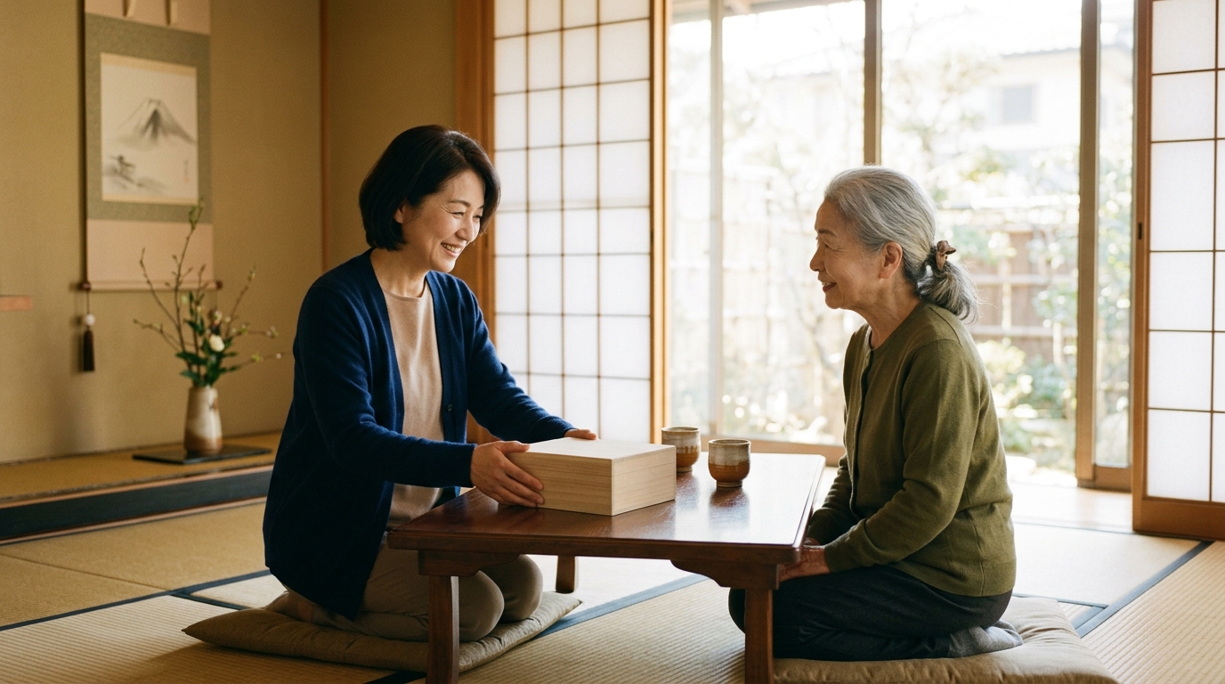 柔らかな午後の光が差す和室で、日本人の女性が高齢の母と座卓を囲み、穏やかに話しながら木箱を整理する様子