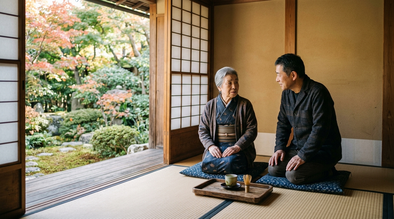 障子越しの柔らかな光が差す和室の縁側で、日本人の50代の息子が80代の母親に寄り添い、穏やかに話を聞いている様子