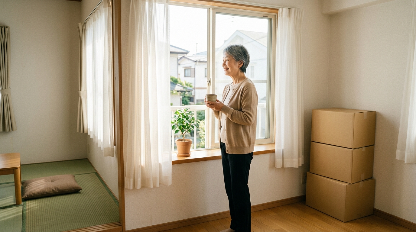 明るい日差しが入る日本の賃貸住宅の和室で、日本人の高齢女性が新しい住まいの窓辺に立ち、穏やかな表情で外を眺める様子