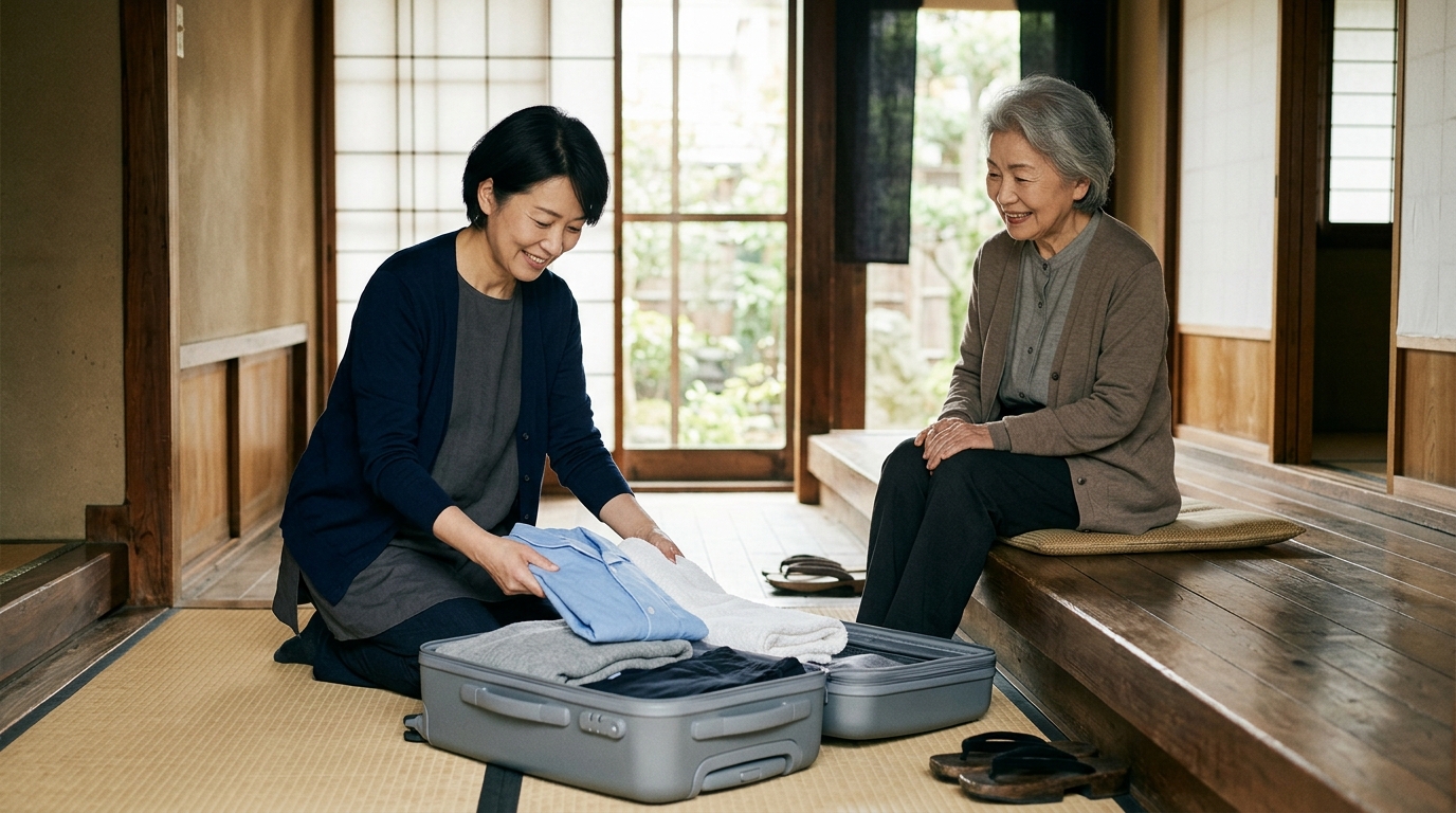 柔らかな朝の光が差す日本の住まいの玄関先で、日本人の女性が高齢の母の入院に備えて落ち着いた表情でスーツケースに着替えやタオルを詰める様子