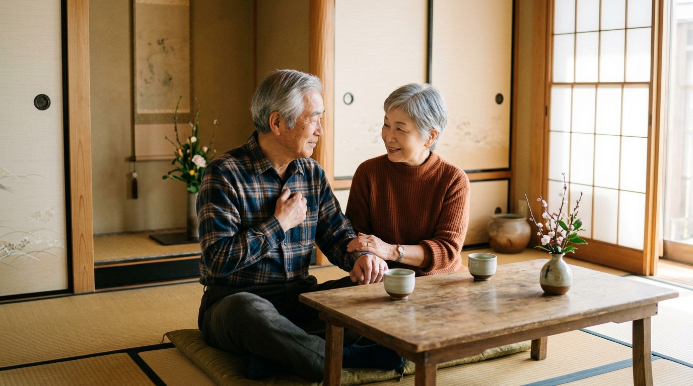 柔らかな光が差し込む和室で、日本人のシニア夫婦が寄り添い、穏やかに語り合っている様子