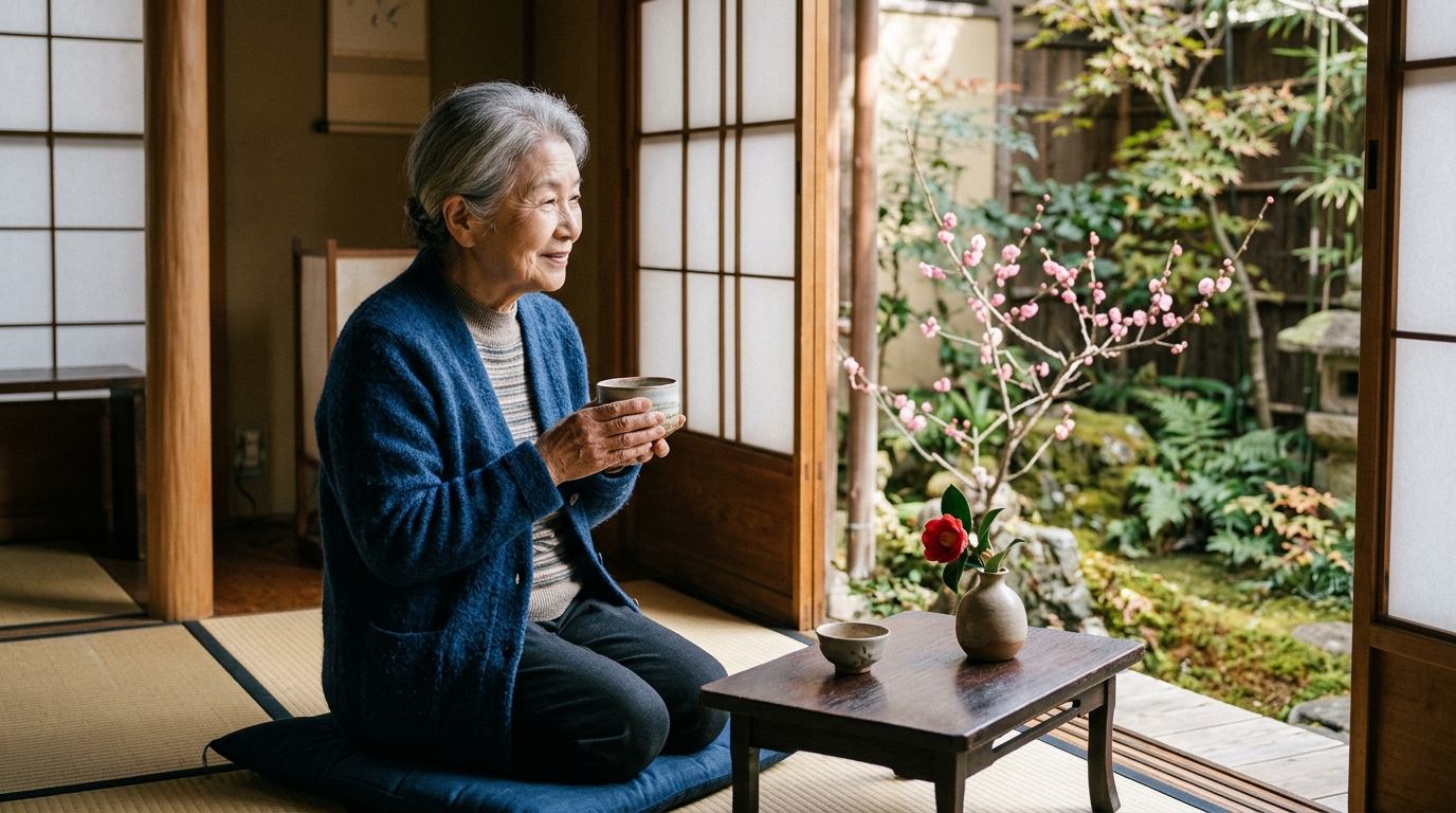 冬の柔らかな日差しが入る和室で、日本人のシニア女性が湯のみを手に、窓の外を穏やかに見つめている様子