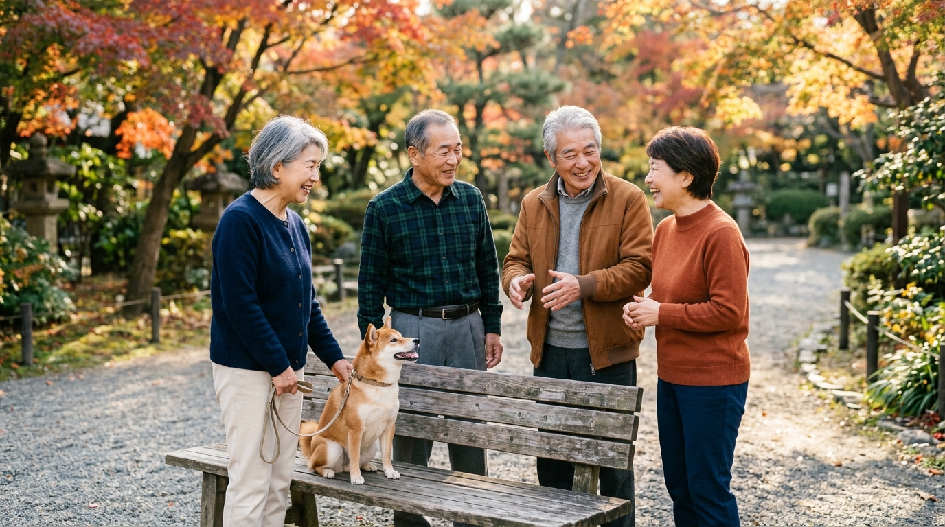 秋の柔らかな日差しが差す日本の公園で、日本人のシニア世代の仲間たちがベンチのそばで穏やかに談笑する様子