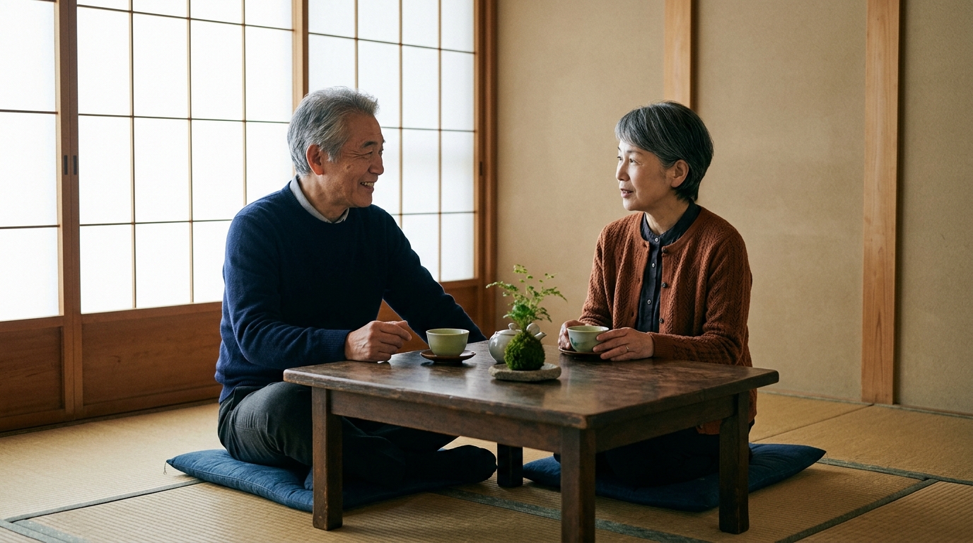 障子越しの柔らかな光が差す和室で、日本人の60代夫婦が座卓を囲み、穏やかに将来のお金について話し合う様子