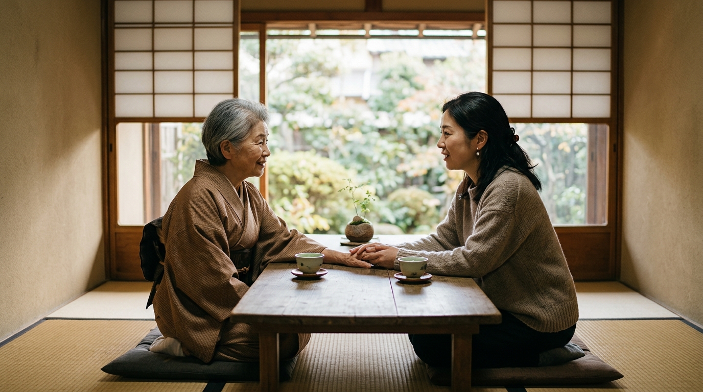 障子越しの柔らかな光が差す和室で、日本人の70代の母親と40代の娘が座卓をはさみ、穏やかに話し合う様子