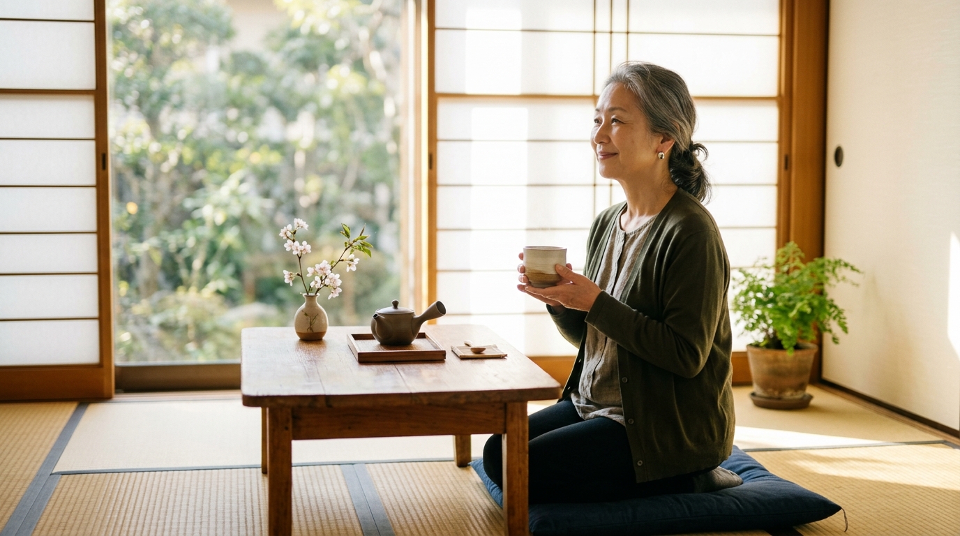 明るい和室で、日本人のシニア女性が窓辺の光の中、器を手に取りながら穏やかに身の回りを整えている様子