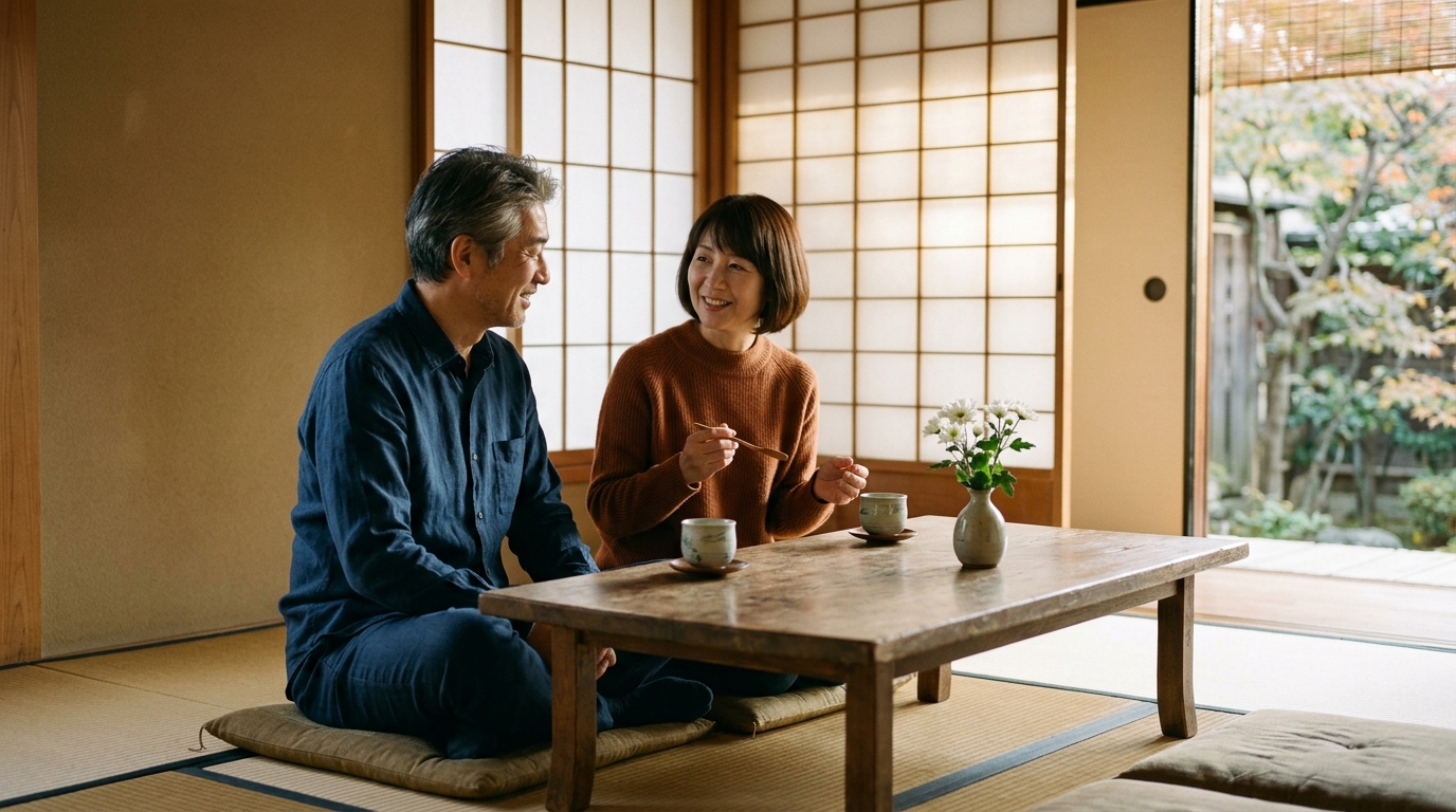 障子越しの柔らかな光が差す和室で、日本人の中年夫婦が座卓を囲み、穏やかに家族の今後について話し合う様子