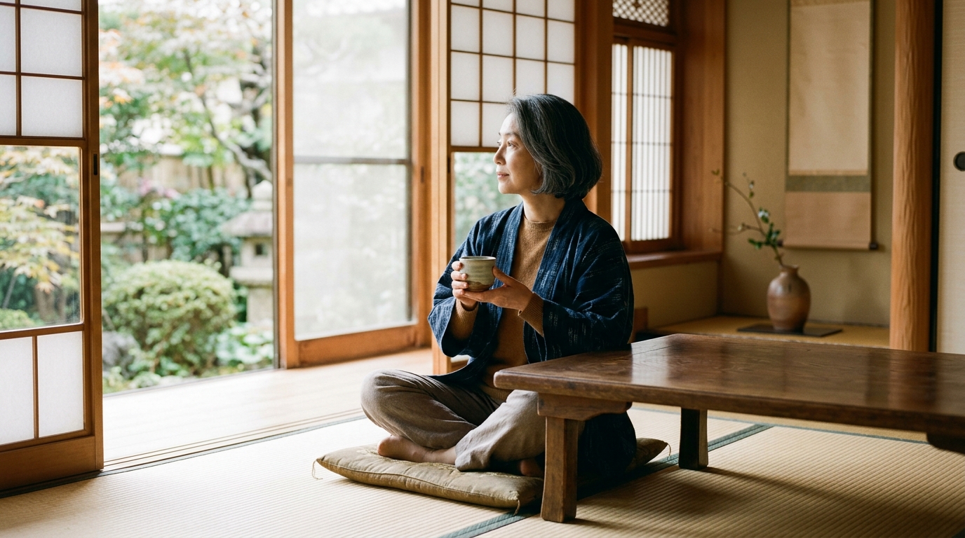 明るい和室で、日本人の50代の女性が緑茶を前に落ち着いて考えごとをしている様子
