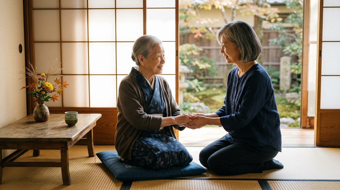 日差しの入る和室で、日本人の中年の娘が高齢の母親の手を取り、穏やかに語りかけている様子