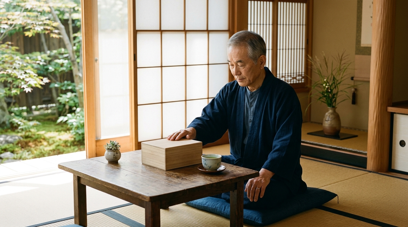 柔らかな光が差し込む和室で、日本人のシニア男性が座卓の上の木箱を前に静かに考えごとをしている様子